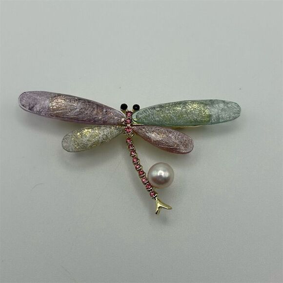 Dragonfly Brooch Multicolor Rhinestones Faux Freshwater Pearl Gift Nature Pretty - Picture 6 of 8